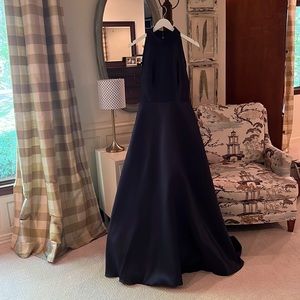 ML Monique Lhuillier Navy Halter Satin Ball Gown~Size 8